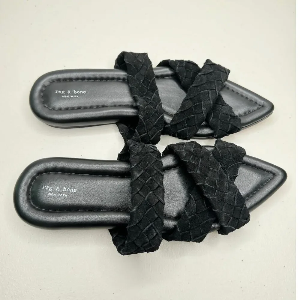NEW RAG & BONE Lewis Black Braided Suede Pointed Open Toe Slide Slip On Sandal